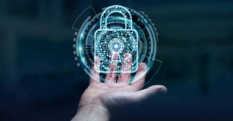 Businessman using digital padlock to secure his datas 3D renderi