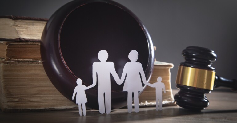 Paper cut family, judge gavel and book. Family Law