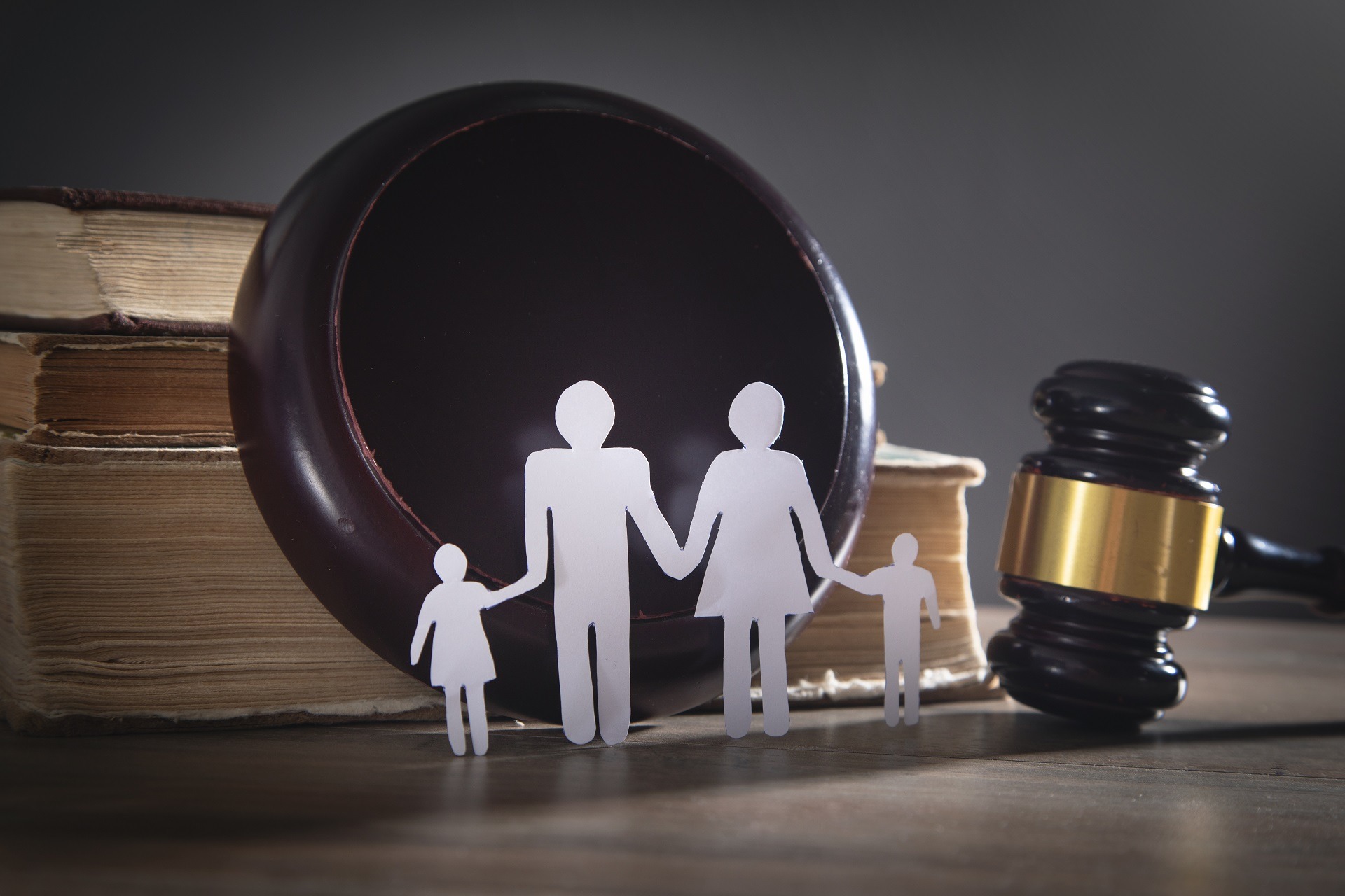 Paper cut family, judge gavel and book. Family Law
